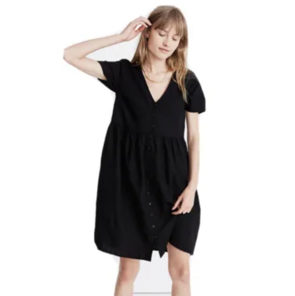 Madewell Linen-Blend V-Neck Button-Front Mini Dress Black small